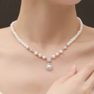 鑫铂尼925银7.5-8mm馒头圆淡水珍珠项链女妈妈生日礼物年轻款送老婆长辈 天使之心珍珠项链