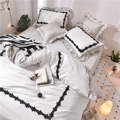 韩式甜美简约四件套纯棉全棉公主风纯色双人1.8m床单被套床上用品