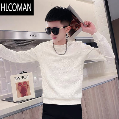 HLCOMAN圆领卫衣男新款潮牌ins字母浮雕修身休闲长袖t恤套头个性外套