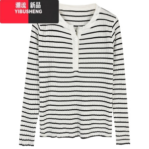 YIBUSHENG黑白条纹针织打底衫女季2023新款修身上衣小个子显瘦长袖毛衣