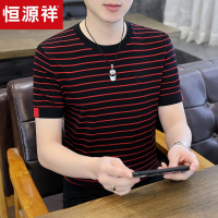 恒源祥圆领条纹t恤男短袖2025新款潮流高端休闲夏季冰丝体恤男装T