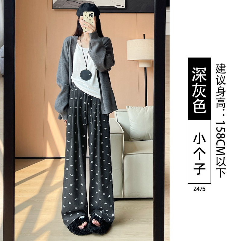 灰色蝴蝶结阔腿裤女裤秋冬季加绒垂感直筒休闲小个子窄版糯米裤子