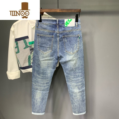 YANXU浅蓝色牛仔裤男夏季欧美潮牌刺绣复古修身小脚时尚痞帅网红九分裤