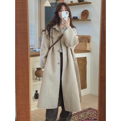 FISHBASKET2020冬季新款复古温柔风呢子大衣女中长款小个子燕麦色毛呢外套厚毛呢外套