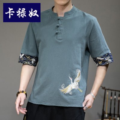 卡禄奴唐装男夏季薄款棉麻V领盘扣短袖T恤男士中国风仙鹤2021刺绣拼接古风汉服