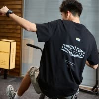 [8.5折价50.9元叠加优惠券]唐狮夏新款纯棉短袖T恤男后背斑驳字母圆领休闲风宽松上衣