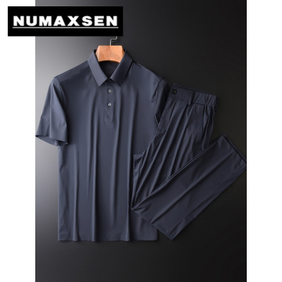 纽曼森（Numaxsen）运动套装男超薄丝滑冰丝面料无缝压胶翻领短袖休闲夏季新款两件套