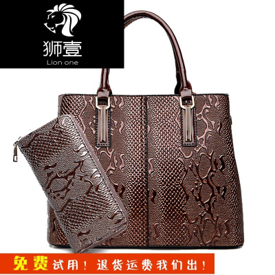 狮壹（Lionone）2019新款时尚纹大包漆皮中年妈妈包女包单肩斜挎手提包女