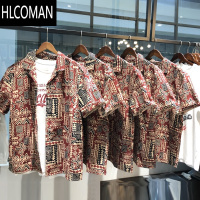 HLCOMAN美式休闲古巴领印第安图腾短袖衬衫男夏季复古宽松衬衣男