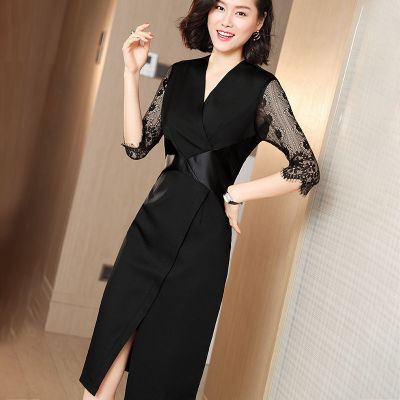 珂卡慕(KEKAMU)假两件蕾丝连衣裙2021春季新款修身气质名媛小香风收腰显瘦V领开叉包臀裙女6120黑色默认颜色S