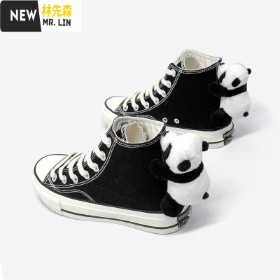 林先森原创熊猫鞋经典款黑色休闲帆布鞋女学生情侣板鞋女孩高帮鞋潮嘻哈帆布鞋