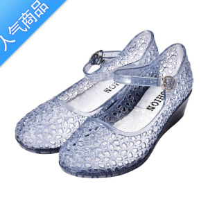 SUNTEK夏季女鞋子水晶凉鞋女坡跟中跟一字扣包头女果冻新款时尚外穿百搭