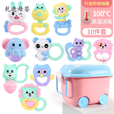 新品直营-儿童玩具摇铃婴可咬水煮牙胶手男孩宝宝0-1岁3-6-12个月5女孩可水煮摇铃10件套汽车收纳盒装