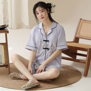 新中式开衫薄款睡衣女夏带胸垫短袖可外穿复古大码家居服套装
