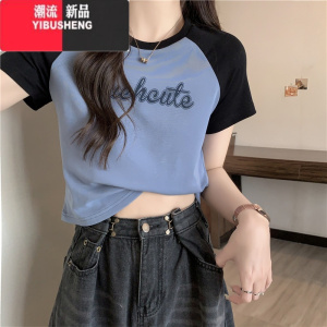 YIBUSHENG撞色插肩短袖T恤女装修身显瘦短款半袖打底衫潮牌港味chic上衣