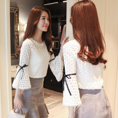 七分袖蕾丝衫秋装韩版新款小衫时尚蝴蝶结系带喇叭袖打底衫上衣女