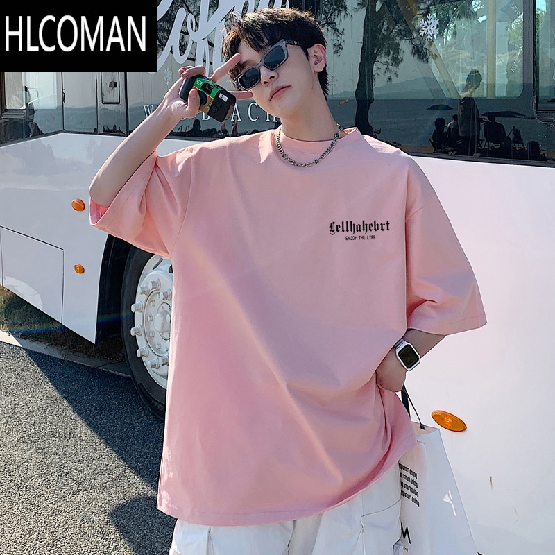 HLCOMAN粉色短袖t恤男夏季新款青少年宽松半袖男生上衣体恤