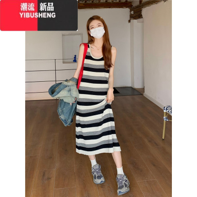 YIBUSHENG条纹绿色针织背心吊带连衣裙女季宽松休闲海边度假无袖T恤长裙