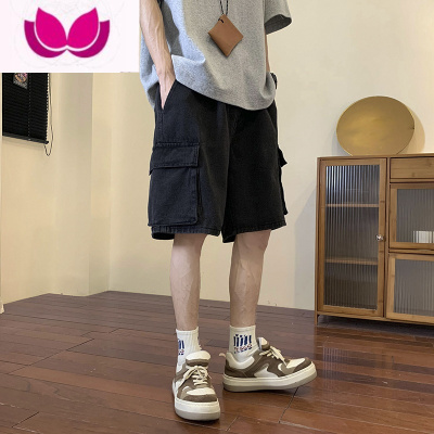 七斓工装牛仔短裤男夏季潮牌做旧水洗宽松直筒裤子大口袋休闲五分中裤