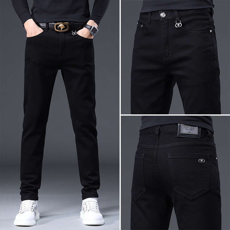 欧货高端纯黑色牛仔裤男春秋新款潮牌修身小脚弹力休闲长裤子