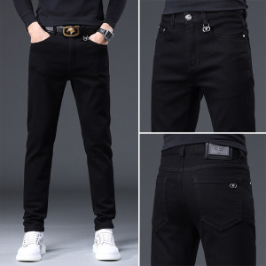 欧货高端纯黑色牛仔裤男春秋新款潮牌修身小脚弹力休闲长裤子