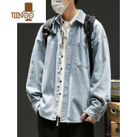 YANXU牛仔衬衫男日系复古水洗黑色工装长袖衬衣款潮流百搭港风外套