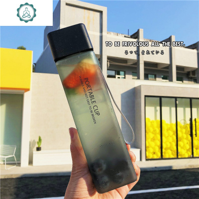潮流简约方形塑料水杯带盖便携磨砂水杯女学生网红ins可爱随手杯封后塑料杯