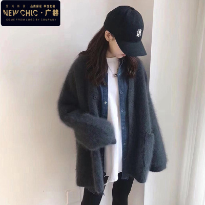 广赫2020年秋冬新款宽松外穿复古日系慵懒灰色毛衣外套针织开衫女加厚夹克