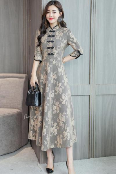 迪鲁奥(DILUAO)秋季新款通勤裙法式阔太太连衣裙秋冬改良旗袍式气质高贵过膝打底