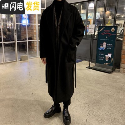 HLCOMAN毛呢大衣男士冬季韩版潮流长款过膝系带风衣加厚休闲雅痞帅气外套风衣