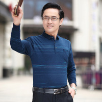 秋季真口袋商务休闲宽松版爸爸装长袖简约条纹T恤男中年polo衫