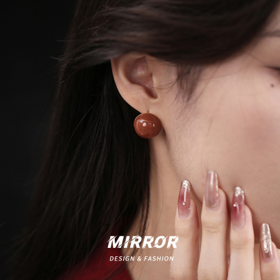 925纯银酒红焦糖糖豆银针耳钉女耳环耳饰学生闺蜜新款潮送女朋友老婆情人节七夕生日礼物