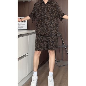 豹纹套装男夏季新款美式潮牌复古宽松休闲短袖衬衫五分短裤两件套
