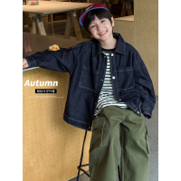 童酷男童秋款韩版净色宝宝休闲上衣时尚贴标翻领牛仔儿童外套