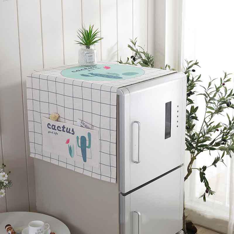 北欧风格滚筒洗衣机罩盖布单开双开冰箱盖巾防尘罩棉麻布艺 白格仙人掌 单开门冰箱盖巾(55*140cm)