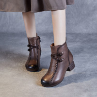 秋冬新款民族风头层牛皮中粗跟妈妈皮靴女真皮复古时装短靴子