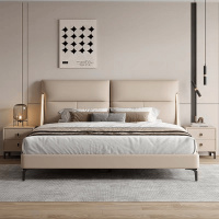 简臣意式橡胶木床全实木头层牛皮床主卧1.8米榫卯床板婚床双人床6242