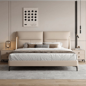 简臣意式橡胶木床全实木头层牛皮床主卧1.8米榫卯床板婚床双人床6242