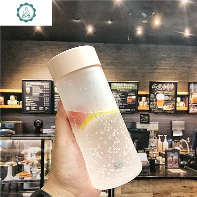 韩版简约磨砂塑料杯男女学生便携带盖情侣透明可爱清新随手水杯子封后