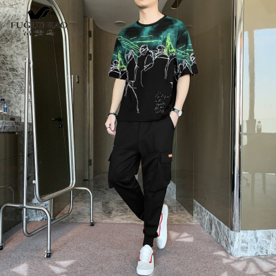 富贵鸟（FUGUINIAO）夏季运动休闲套装男士潮牌短袖T恤搭配帅气一套衣服网红潮流套装