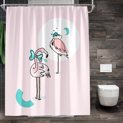 ins北欧风火烈鸟浴帘浴室防水布卫生间网红隔断帘子装饰简约蓝色