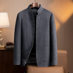 含桑蚕丝羊毛脱卸鹅绒内胆双面呢立领短大衣中年男士秋冬羊毛大衣