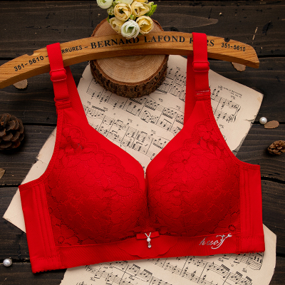 HLCOMAN本命年大红色内衣女套装无钢圈小胸聚拢加厚薄款结婚文胸罩上托文胸套装