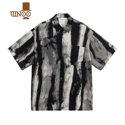 YANXUFNI 水墨风衬衫男士夏季宽松短袖百搭休闲潮牌痞帅复古外套男