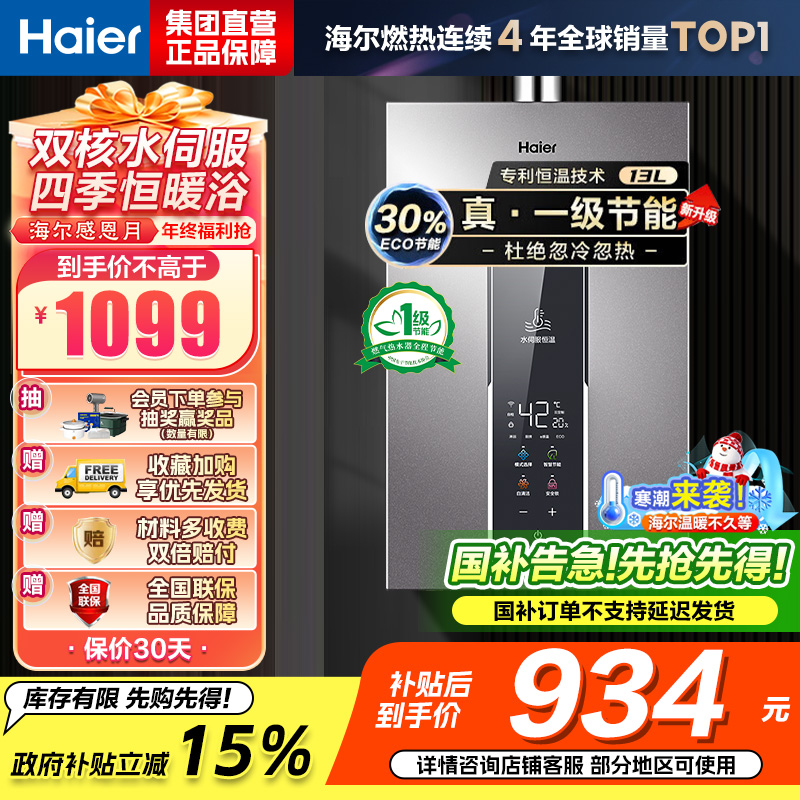 海尔(Haier)燃气热水器天然气增压变频水伺服恒温家用洗澡大水量多重安防健康洗APP智能13L [WM5]