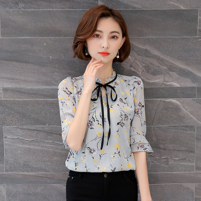 梵诗町短袖夏装上衣V领喇叭袖系带印花半袖2019新款雪纺女衫LRJ3108