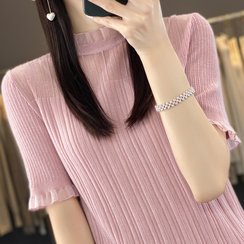 法式羊毛短袖女薄款夏季圆领T恤宽松镂空精纺针织衫半袖上衣