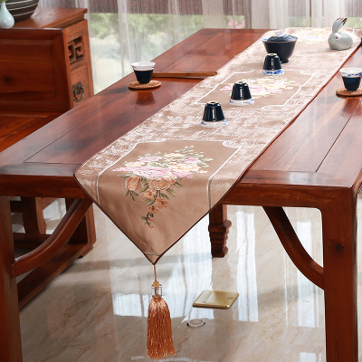 新中式禅意桌旗茶几餐桌装饰布长条北欧现代简约电视柜五斗柜盖 映满帘-香槟 33*120cm(适用桌长0.7米-0.8米)