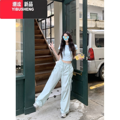 YIBUSHENG设计感蝴蝶结抽绳工装裤女季甜酷辣妹高腰宽松阔腿休闲裤长裤子