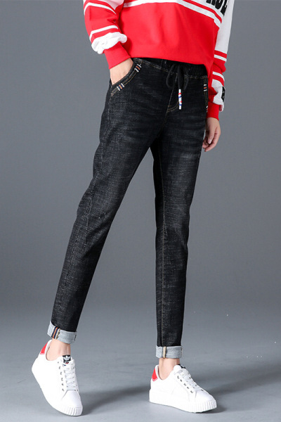 迪鲁奥(DILUAO)新款女装2019年新款涂层牛仔布裤女装松紧腰休闲宽松哈伦裤子高腰潮